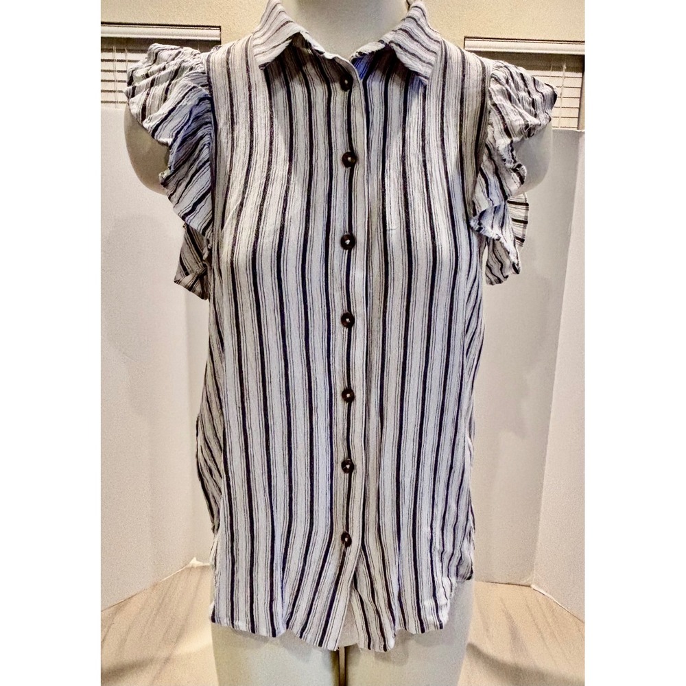 Maeve Anthropologie Womens XS Striped Ruffle Flutter Sleeve Button Front Blouse